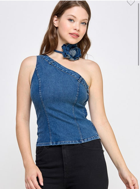 BLUSA DENIM CON FLOR LP9150-1