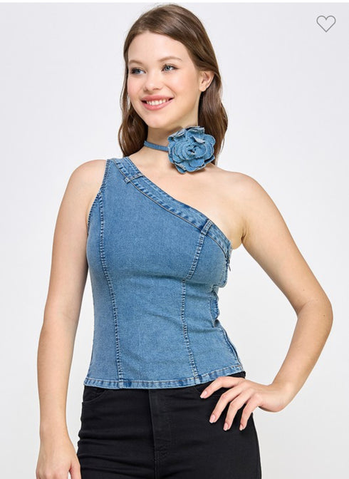 BLUSA DENIM CON FLOR LP9150-1