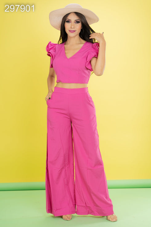 SET PANTALONES ANCHOS DE CINTURA ALTA Y BLUSA SIN MANGAS 197-N