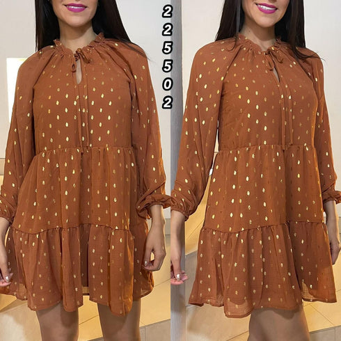 VESTIDO PUNTEADO DORADO TB7139