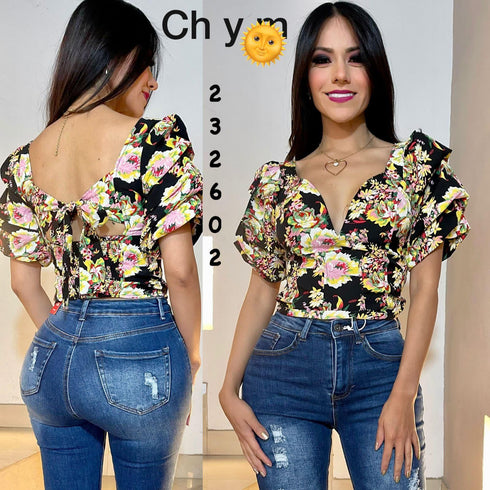 BLUSA FLOREADA CUELLO V 58857T